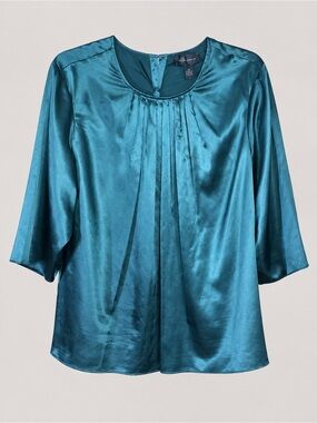Susan Graver Teal Satin Pleated Women's Blouse